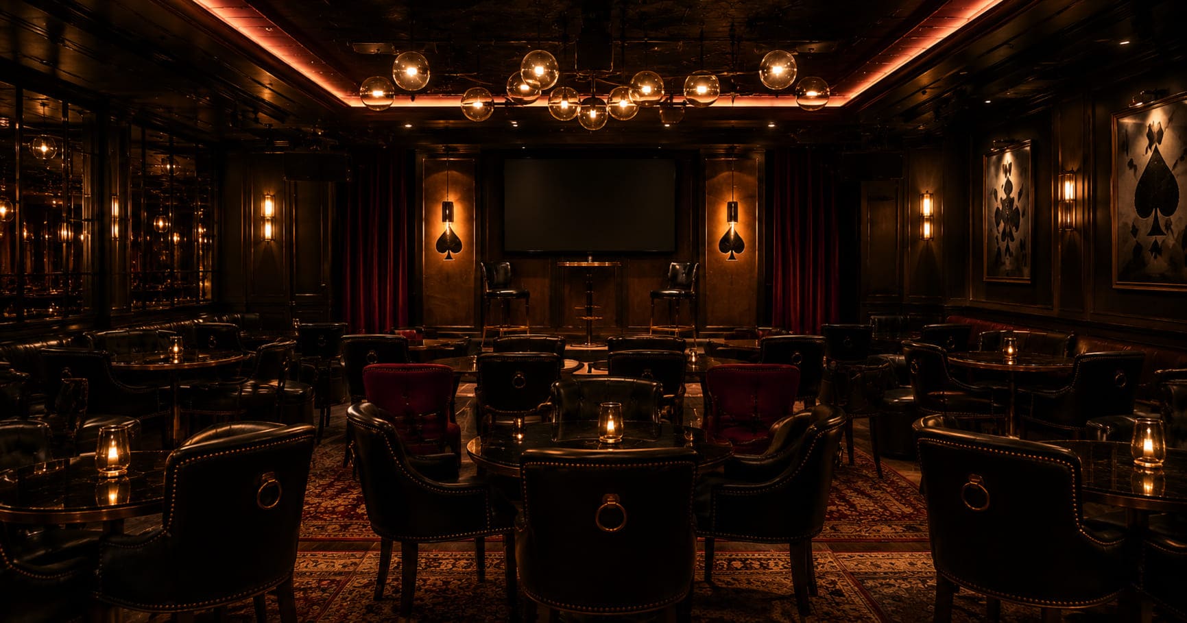 Lounge Society Clubroom — scena i ekrany w klimatycznym wnętrzu