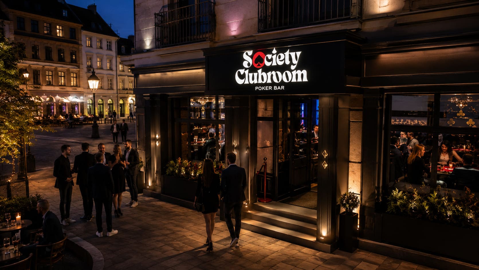 Wejście do Society Clubroom nocą — ul. Mazowiecka, Warszawa