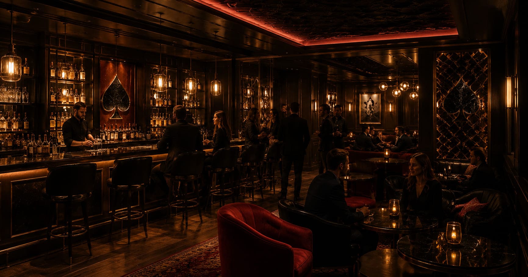Ciemny lounge Society Clubroom z barem i emblematem pik