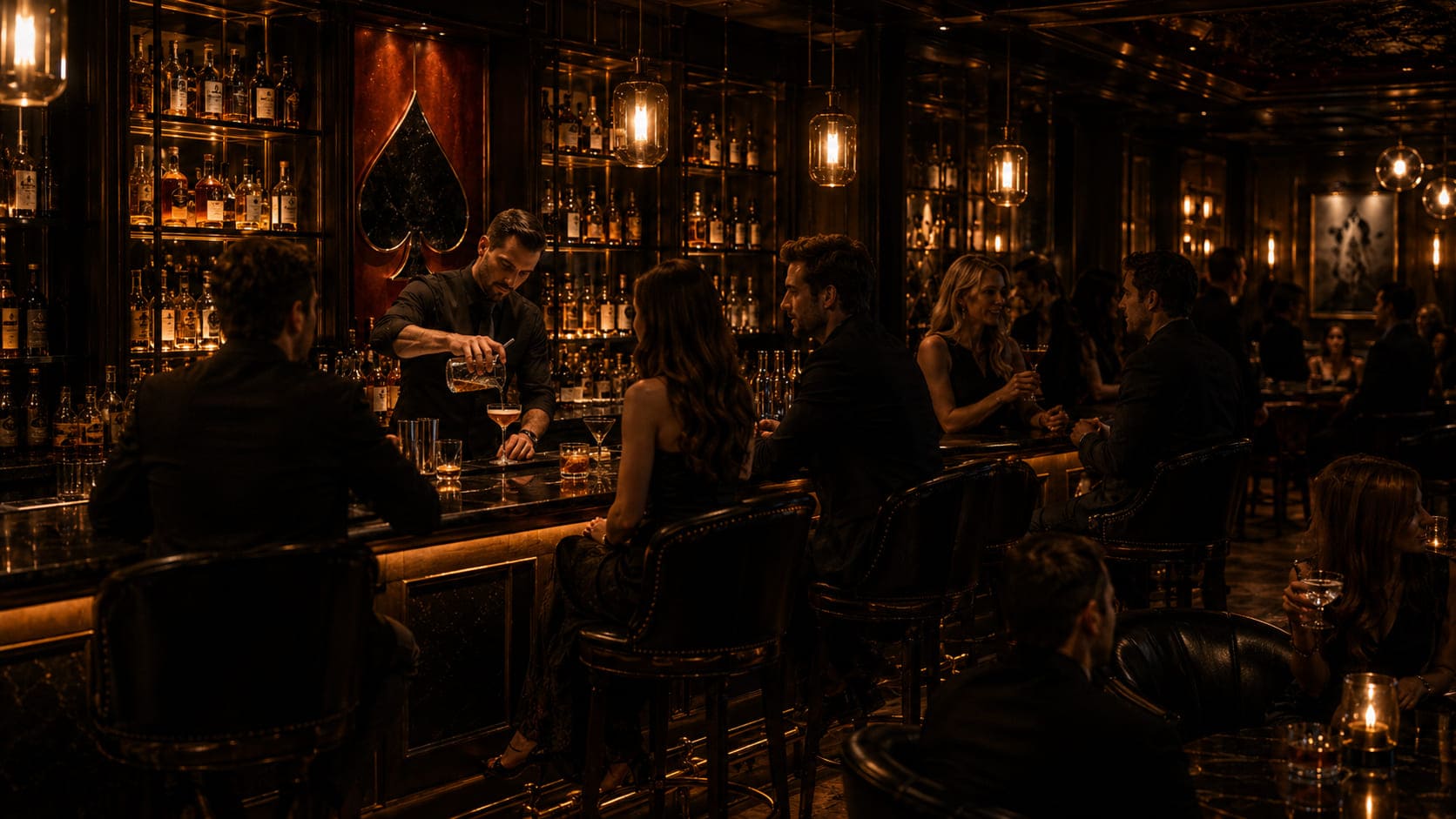 Barman i goście przy barze Society Clubroom
