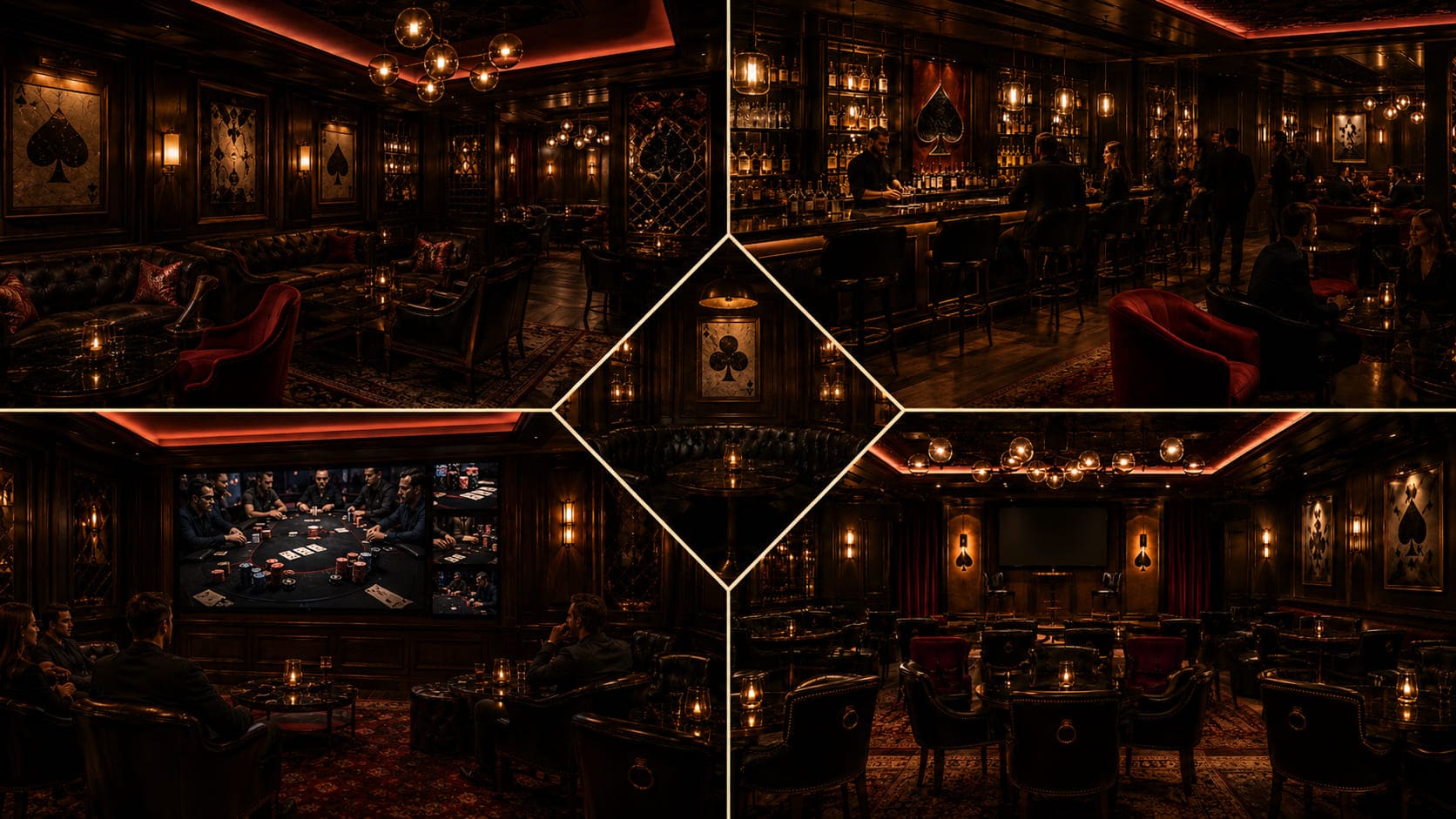 Kolaż wnętrza Society Clubroom — lounge z emblematem pik