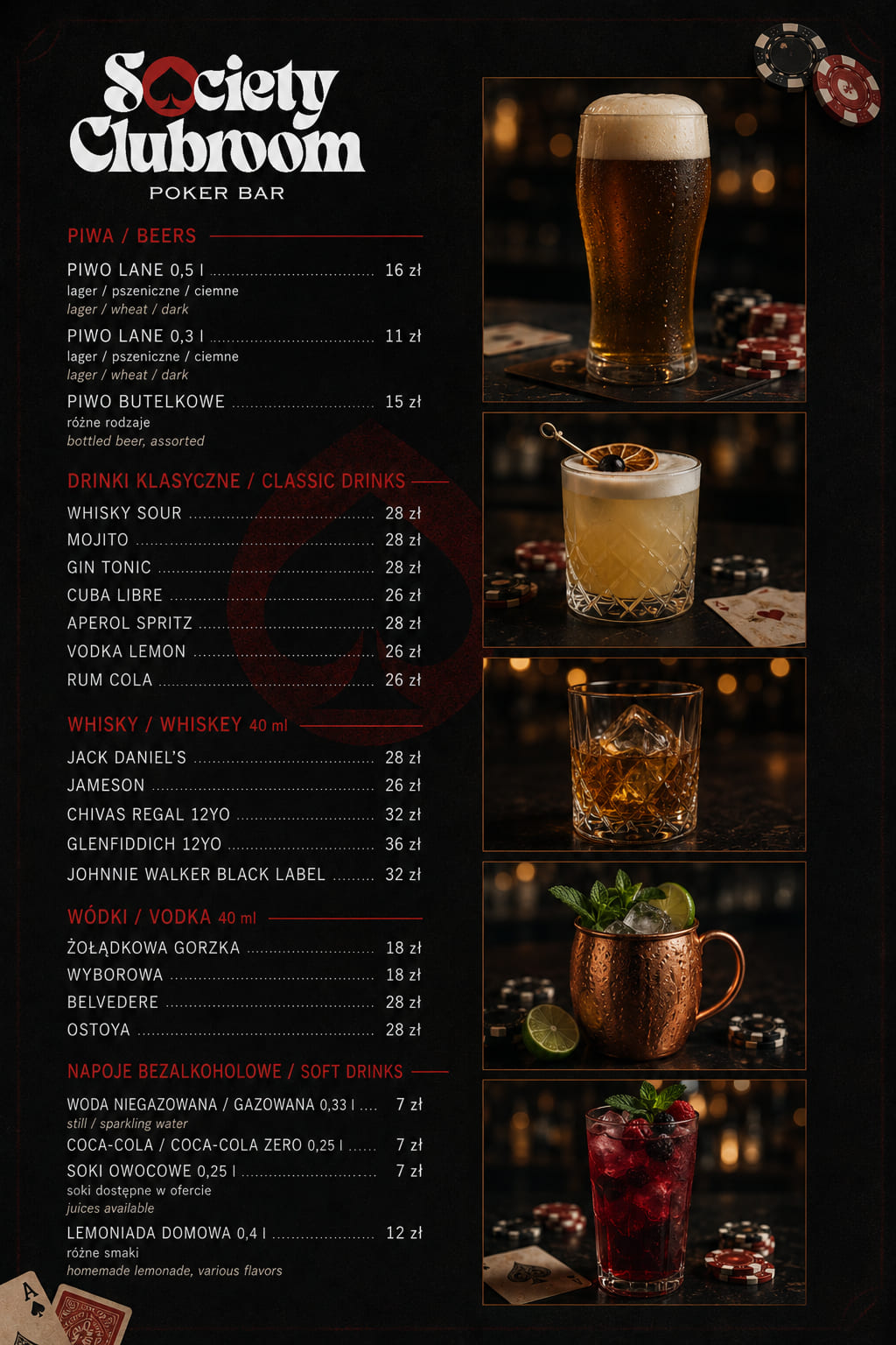 Napoje i bar w Society Clubroom — piwo, koktajle, whisky, napoje bezalkoholowe