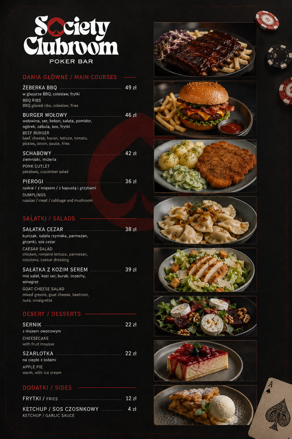 Dania główne w Society Clubroom — żeberka BBQ, burger wołowy, schabowy, pierogi