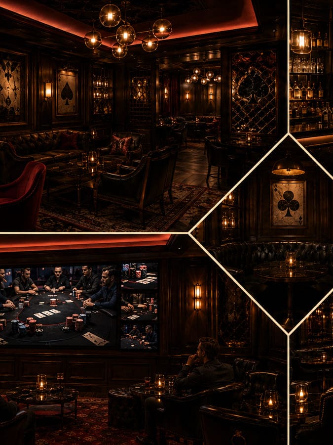 Kolaż wnętrza Society Clubroom — lounge, bar, scena i ekran pokerowy