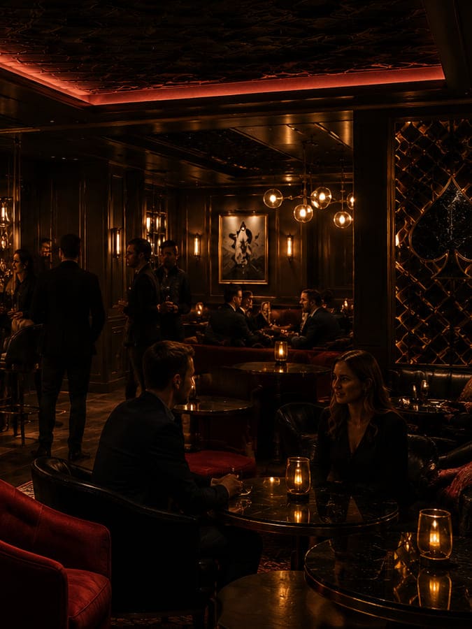 Goście Society Clubroom siedzą w lounge pod czerwonym oświetleniem