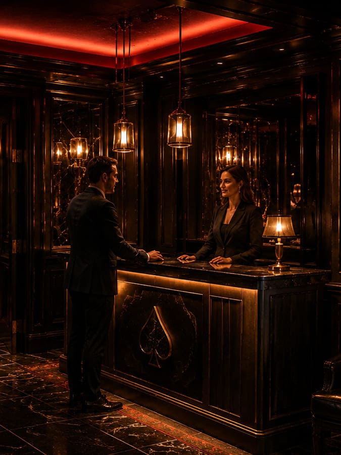 Recepcja Society Clubroom — przywitanie gości przy ladzie