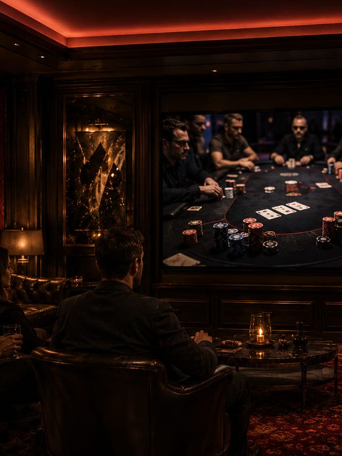 Goście Society Clubroom oglądają mecz pokerowy na wielkim ekranie